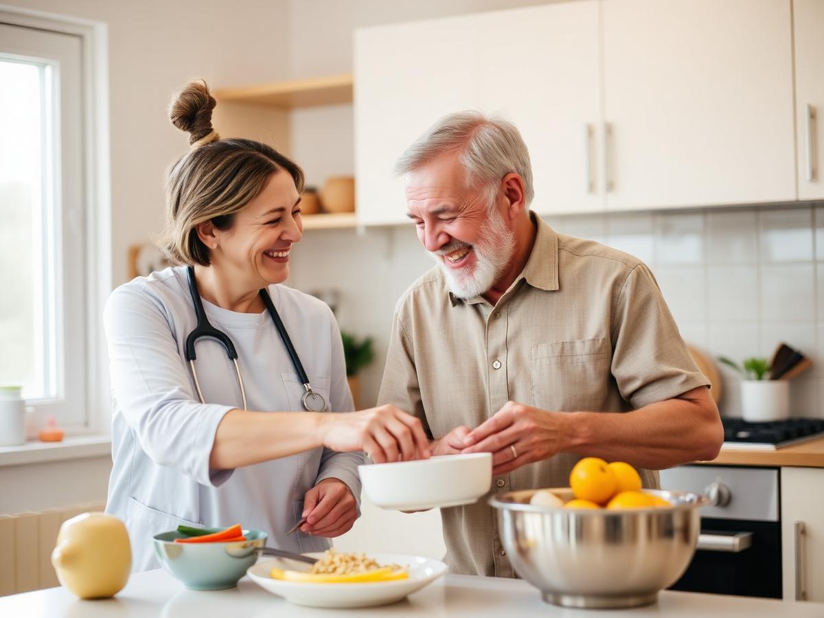 A caregiver preparing a meal in a bright home kitchen alongside an older adult