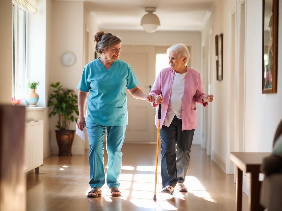 A caregiver walking beside an older woman using a cane in a sunlit hallway at home