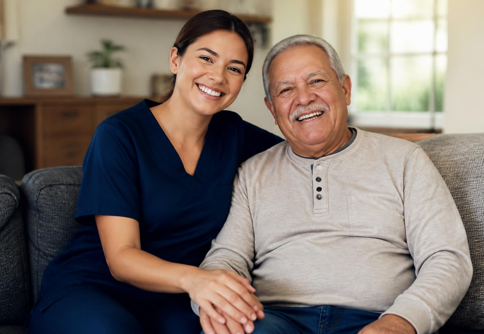 A professional caregiver and a senior man smiling together in a comfortable home