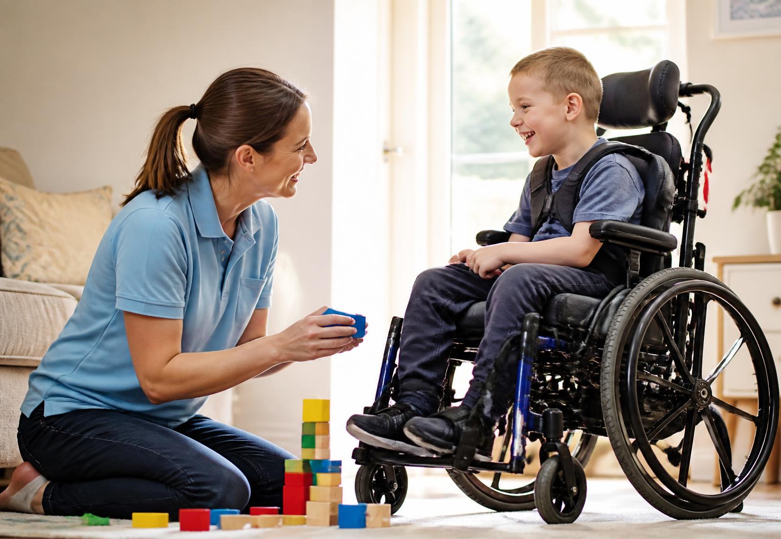 A caregiver kneeling beside a smiling boy who uses a wheelchair while they build with colorful blocks in a bright living room